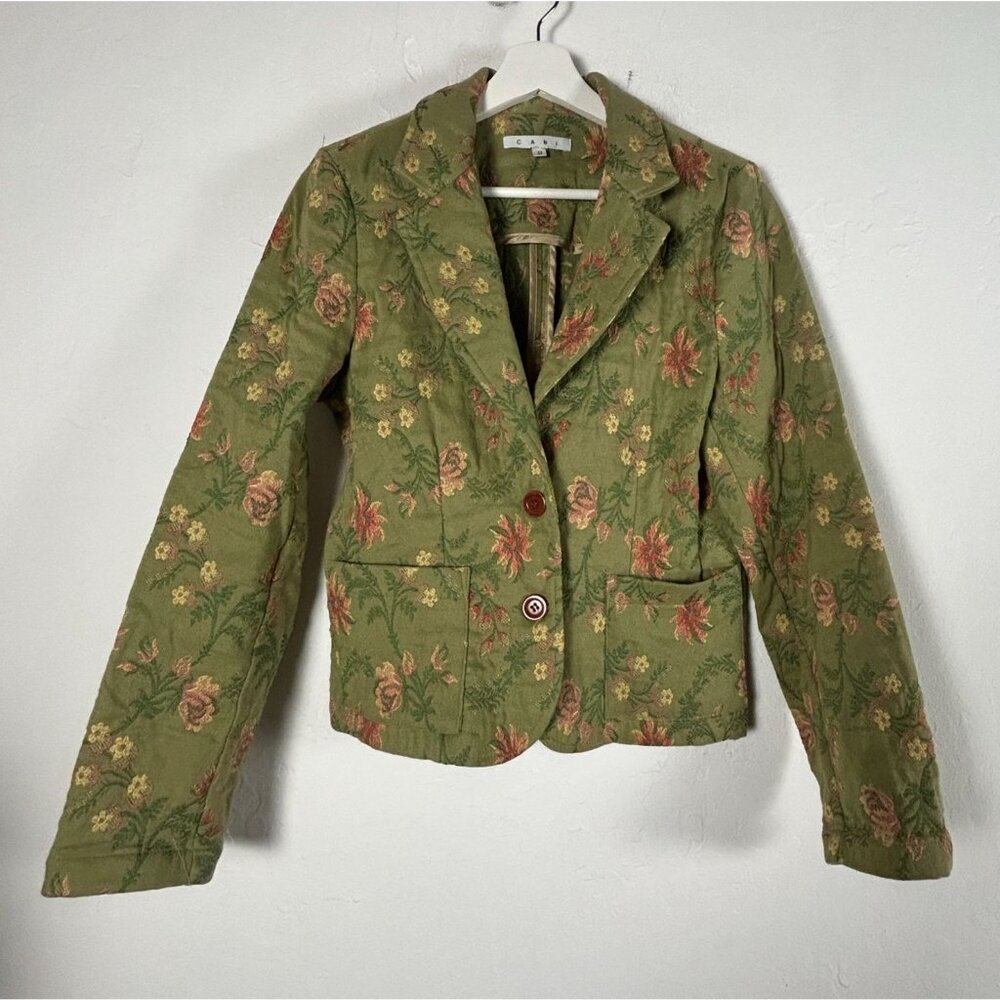 Cabi Women Green Tapestry Blazer Jacket Size 8 Floral Brocade Embroidered Pocket